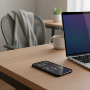 Een smartphone op een modern bureau toont een opgeruimde browser dankzij verborgen Chrome instellingen.