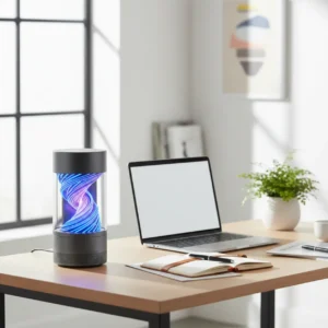 Een moderne thuiswerkplek met de Govee Table Lamp 2 Pro en ingebouwde JBL speaker op het bureau.