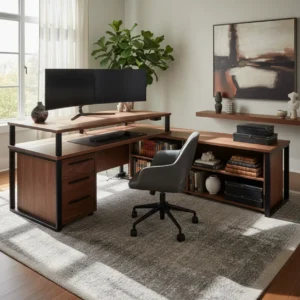 Luxe U-vormig zit-sta bureau opstelling in een ergonomisch thuiskantoor