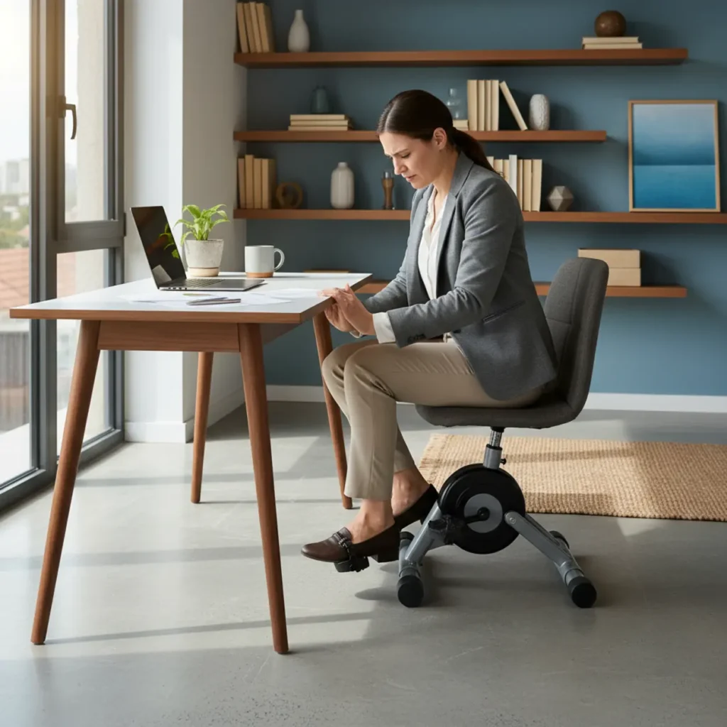 Een thuiswerker stoot zijn knieën tegen het bureau door de hoge MagneTrainer-ER mini fietstrainer.