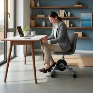 Een thuiswerker stoot zijn knieën tegen het bureau door de hoge MagneTrainer-ER mini fietstrainer.