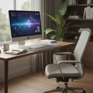 Een moderne thuiswerkplek waar de Claude computer use functie automatisch een Mac bestuurt.