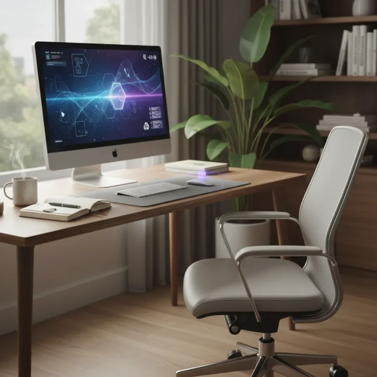 Een moderne thuiswerkplek waar de Claude computer use functie automatisch een Mac bestuurt.