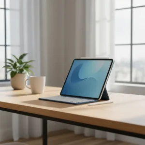 Een moderne en productieve thuiswerkplek met de M3 iPad Air en een draadloos toetsenbord op een bureau.