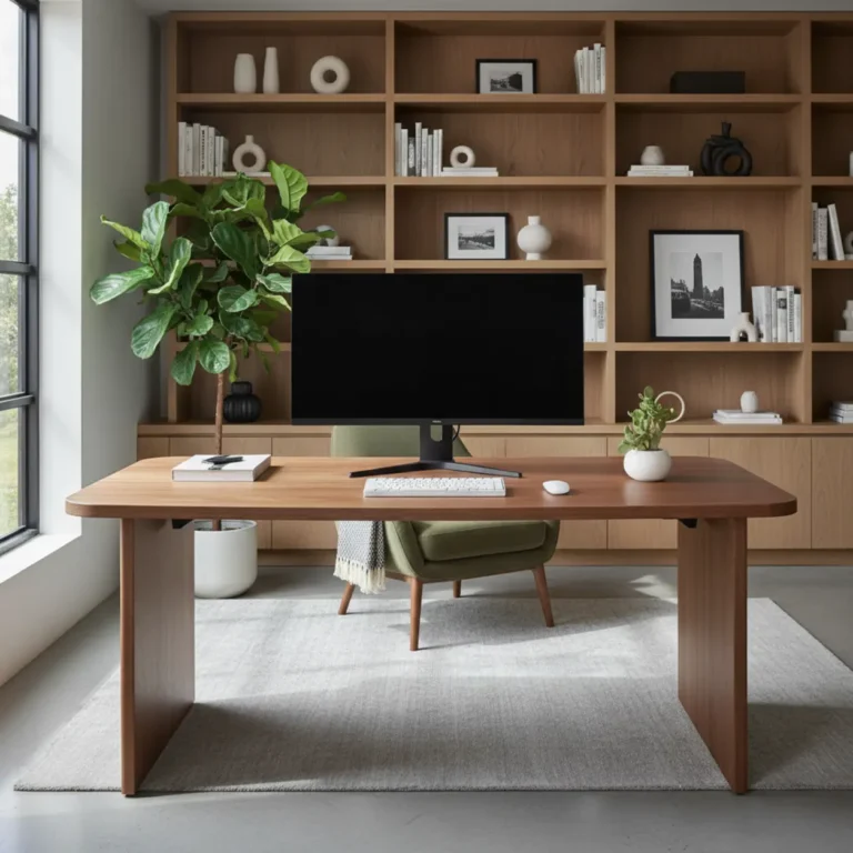 Een modern ingericht thuiskantoor met het ergonomische iMovR Jaxson zit-sta bureau in de hoogste stand.
