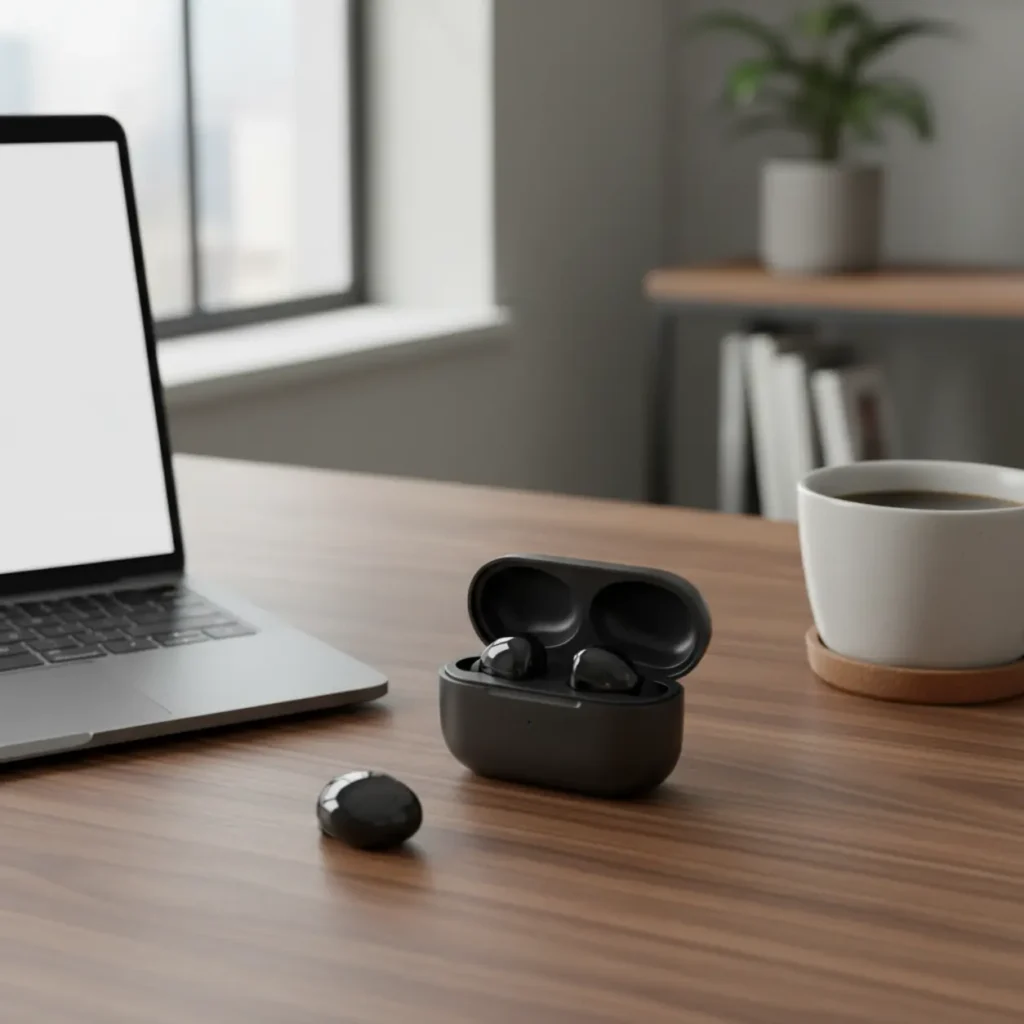 De Google Pixel Buds Pro 2 draadloze oordopjes op een modern bureau van een thuiswerker.