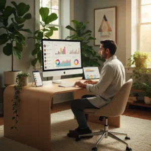 Een thuiswerkende ondernemer analyseert succesvolle social media advertenties op een computerscherm in een modern thuiskantoor.