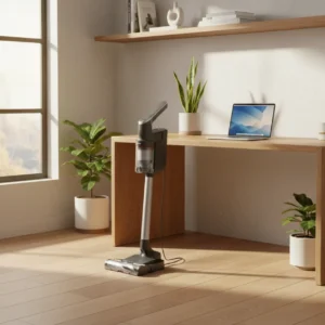 Een moderne slimme nat-droogzuiger in een strak thuiskantoor, essentieel voor optimale productiviteit tijdens het thuiswerken.