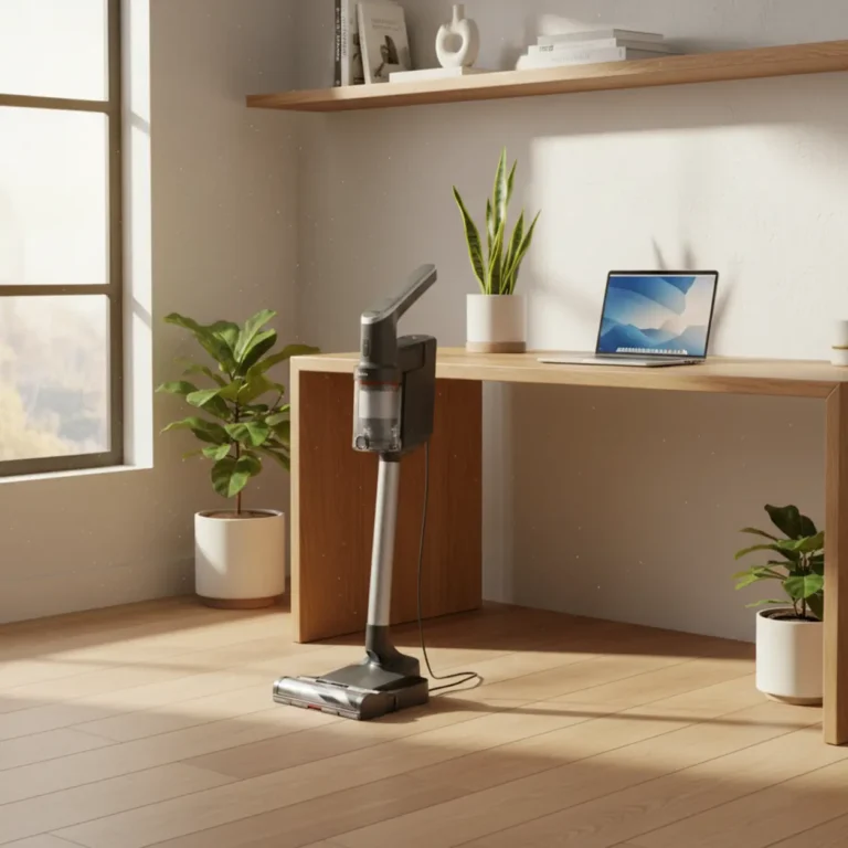 Een moderne slimme nat-droogzuiger in een strak thuiskantoor, essentieel voor optimale productiviteit tijdens het thuiswerken.