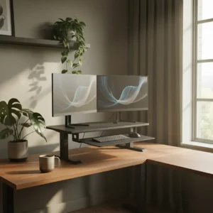 Een moderne thuiswerkplek voorzien van de Flexispot M7C 35 inch hoekbureau verhoger met twee beeldschermen.