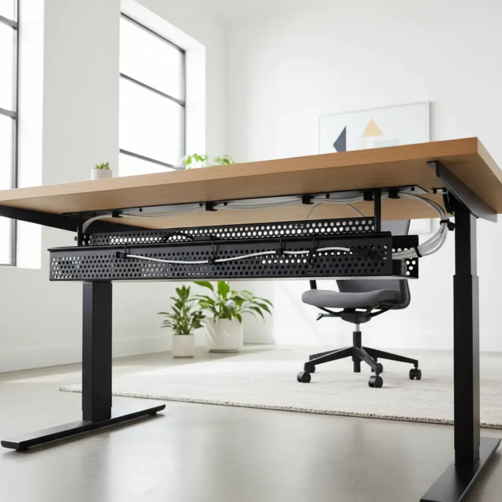 Een strakke thuiswerkplek met perfect kabelmanagement weggewerkt onder een houten zit-sta bureau.
