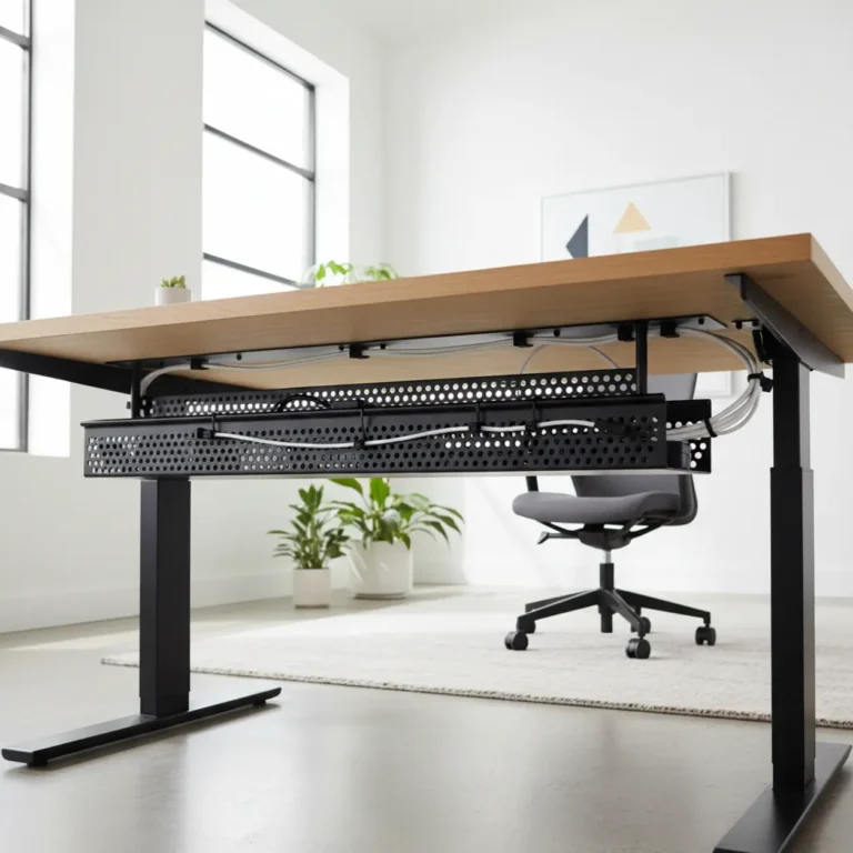 Een strakke thuiswerkplek met perfect kabelmanagement weggewerkt onder een houten zit-sta bureau.