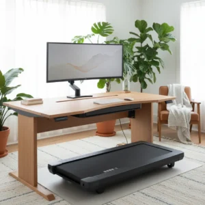 Luxe actieve werkplek met een stabiel loopband bureau in een modern thuiskantoor.