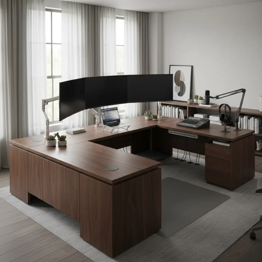 Een modern thuiskantoor met het premium iMovR Lander U-vormig zit-sta bureau op stahoogte, ingericht voor een professionele power-user.