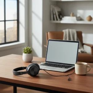 Een premium noise cancelling koptelefoon op een bureau in een modern en rustig thuiskantoor.