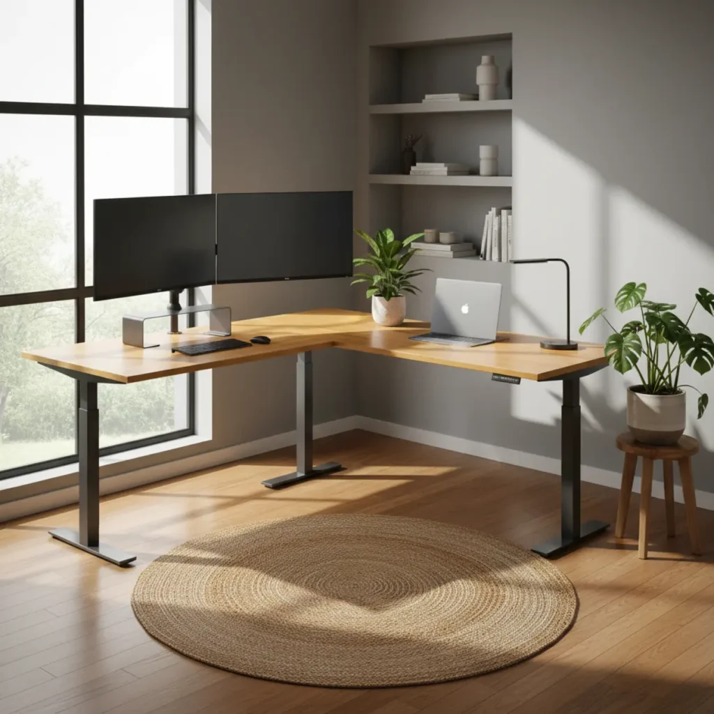 Een modern en ergonomisch ingericht thuiskantoor met het elektrisch verstelbare FlexiSpot E4L hoekbureau.
