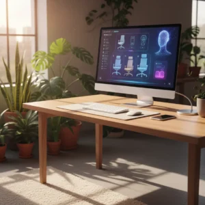 Modern thuiskantoor met beeldscherm waarop de Meta AI shopping assistent actief is voor kantoorartikelen.