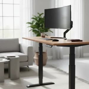 iMovR Lander elektrisch sta-bureau met houten blad in een moderne ergonomische thuiswerkplek.