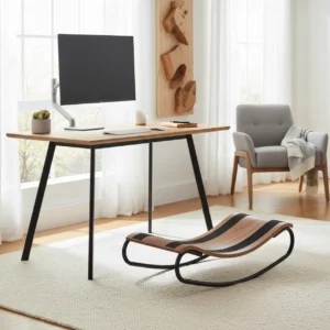 De massief houten Humanscale FM300 ergonomische voetensteun onder een modern bureau.