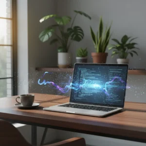 Een moderne thuiswerkplek die de dreiging van onzichtbare tekens in AI tools symboliseert.