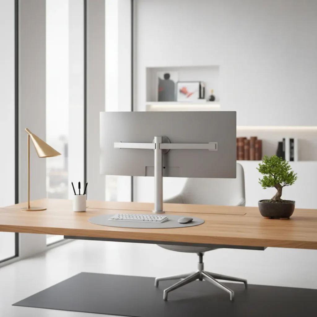Een minimalistische en luxe thuiswerkplek voorzien van de ingebouwde Humanscale QuickStand Under Desk bureauverhoger.