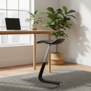 Een moderne Focal Upright Mogo leunkruk voor actief leunen naast een houten sta-bureau in een sfeervol thuiskantoor.
