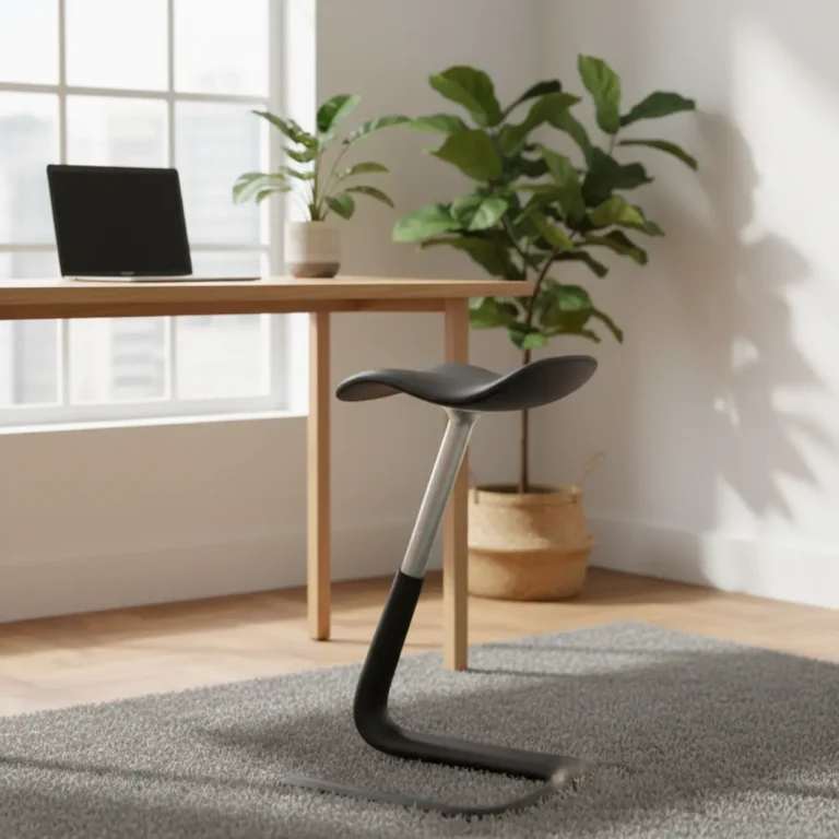 Een moderne Focal Upright Mogo leunkruk voor actief leunen naast een houten sta-bureau in een sfeervol thuiskantoor.