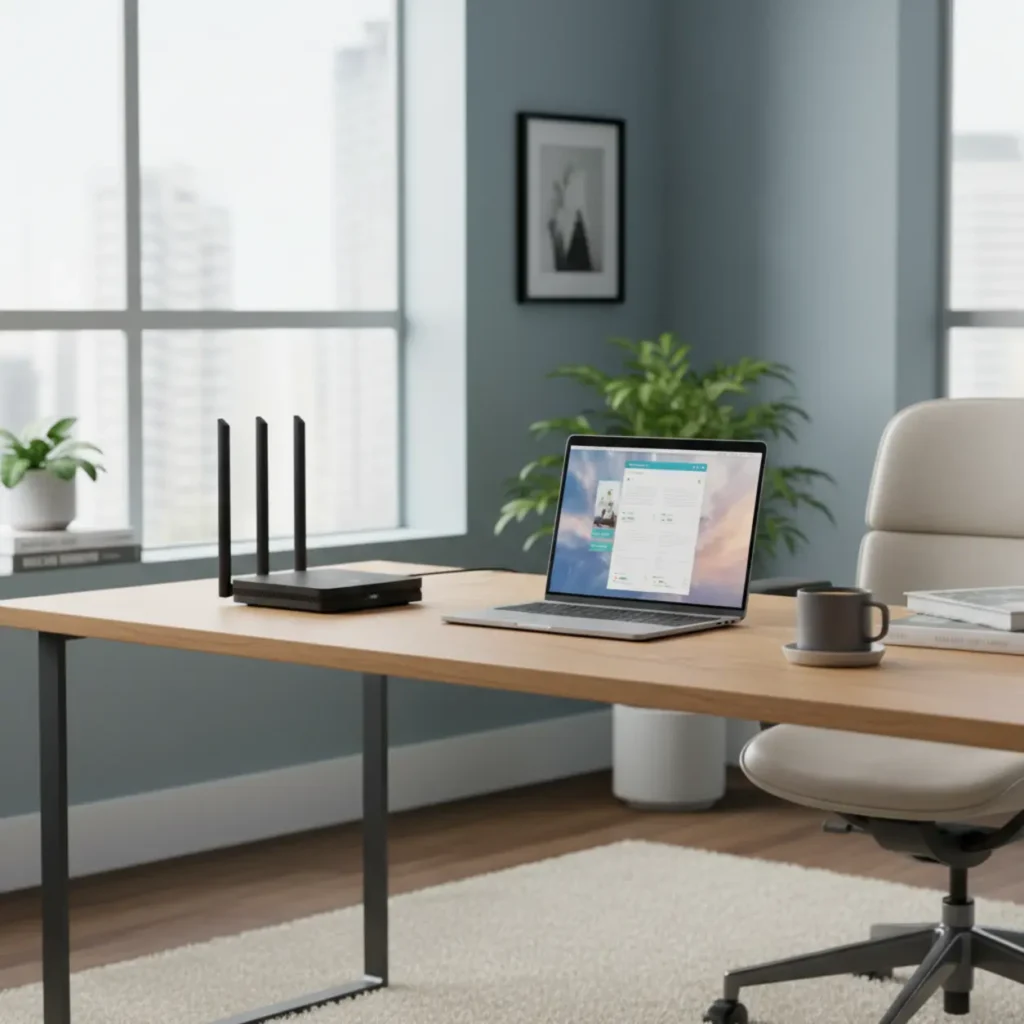 Een moderne wifi 6E router op een stijlvol bureau in een thuiskantoor om trage wifi op te lossen.