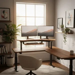 Een moderne VariDesk Cube Corner opstelling in een sfeervol thuiskantoor om comfortabel staand te werken aan een hoekbureau.