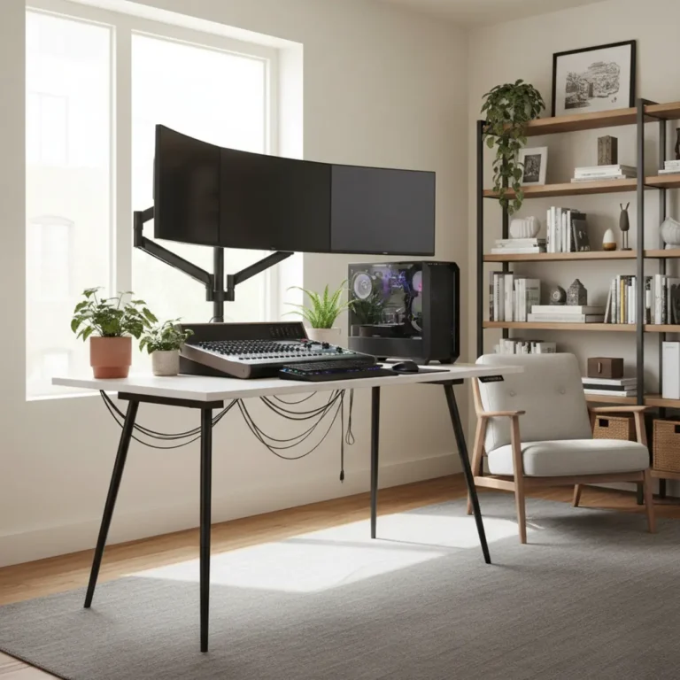 Een modern thuiswerk kantoor met een minimalistisch zit-sta bureau zwaar beladen met monitoren, passend bij de IKEA Bekant review.