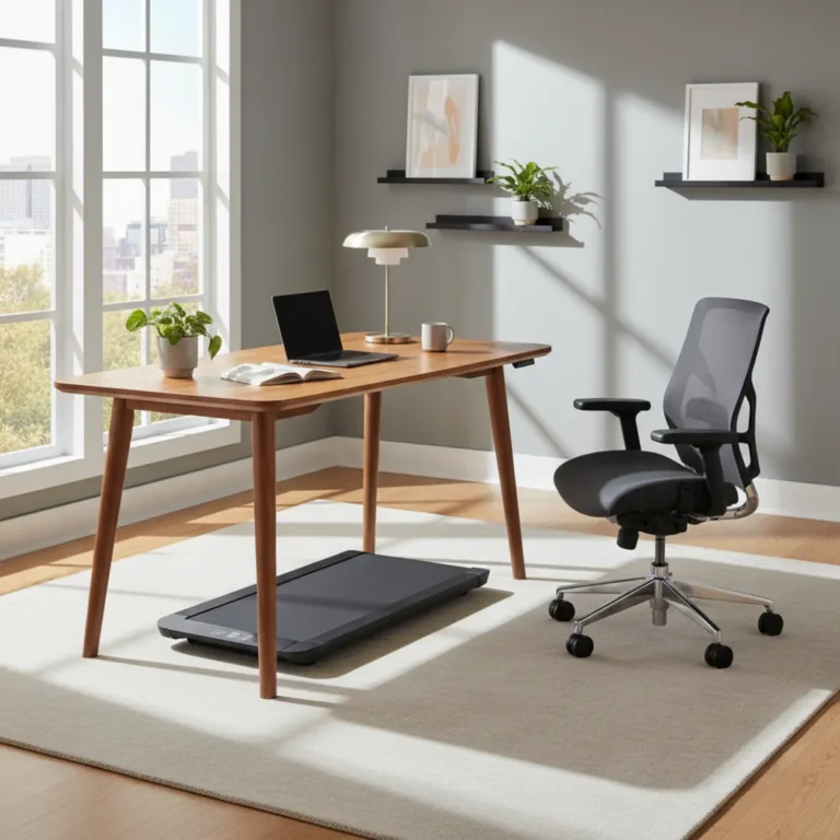 Een moderne en betaalbare actieve thuiswerkplek met een in hoogte verstelbaar zit-sta bureau en een wandelband.