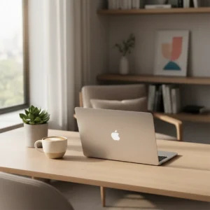Een zilveren MacBook Neo op een modern bureau in een stijlvolle thuiswerkplek.