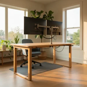 Een moderne, ergonomische werkplek in huis met een in hoogte verstelbaar elektrisch sta-bureau en monitorarmen.
