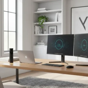 Een modern autonoom beveiligingssysteem dat waakt over de dure apparatuur in een professioneel thuiskantoor.