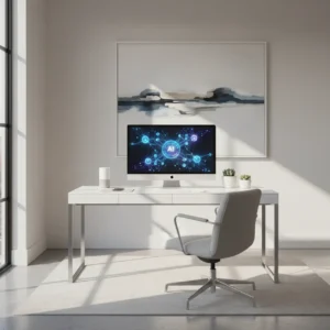 Een opgeruimde thuiswerkplek waar een centrale AI tool alle losse werkapps vervangt voor maximale focus.