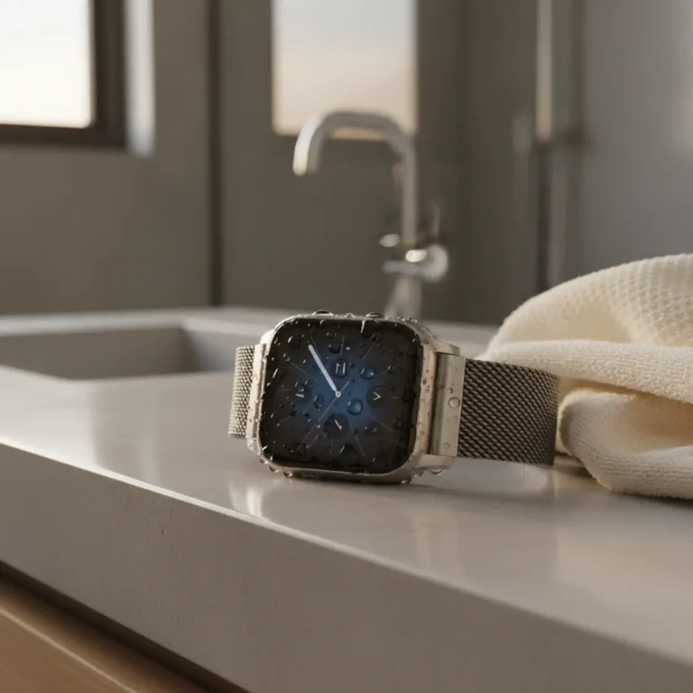 Een premium smartwatch met waterdruppels op het scherm, ter illustratie van de risico's rondom waterdichtheid.