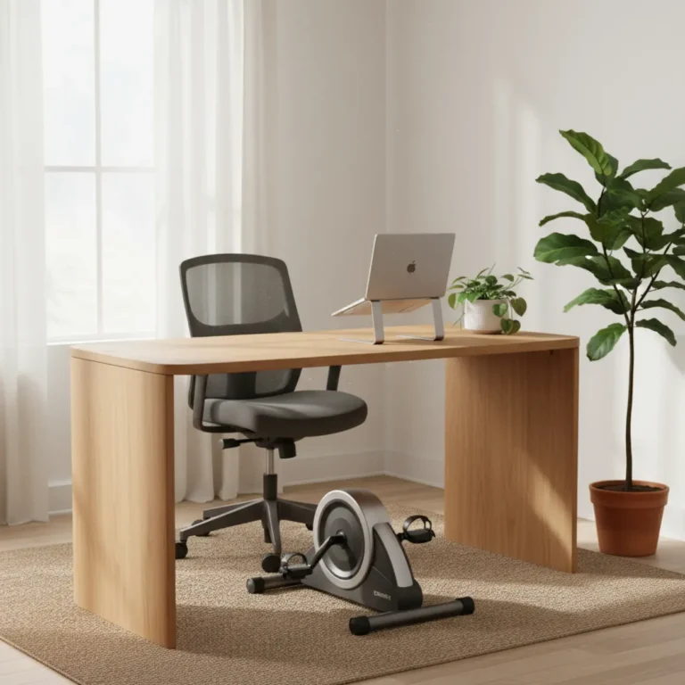 Een moderne fietstrainer en deskcycle onder een bureau in een strak ingericht thuiskantoor.