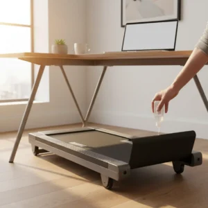 Iemand smeert de band van een kantoor loopband met siliconenolie voor een muisstille thuiswerkplek.