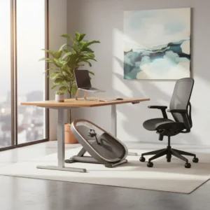 Een moderne Ergonomyx smart bureaufiets onder een zit-sta bureau in een sfeervol thuiskantoor.