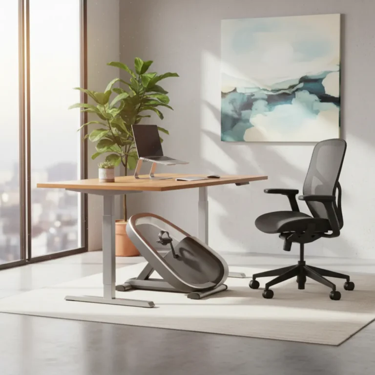 Een moderne Ergonomyx smart bureaufiets onder een zit-sta bureau in een sfeervol thuiskantoor.