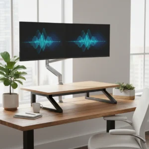 Een ergonomische thuiswerkplek met een lichtgewicht monitorarm gemonteerd op een zit-sta bureauverhoger.