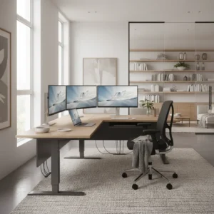 Een ruim en in hoogte verstelbaar U-vormig zit-sta bureau in een moderne thuiswerkplek met meerdere beeldschermen.