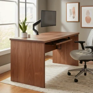 Een stijlvol massief houten zit-sta bureau op stahoogte in een modern ingericht thuiskantoor.