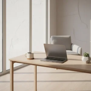 Een geopende MacBook Air M5 op een stijlvol bureau in een moderne thuiswerkplek.