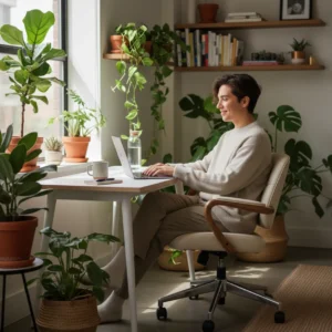 Een ontspannen jonge professional in een moderne thuiswerkplek als goed voorbeeld van hoe organisaties Gen Z talent aantrekken.