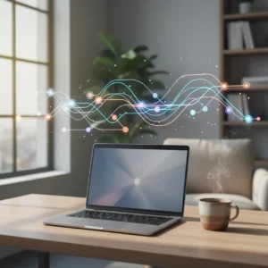 Een modern thuiskantoor dat de keuze voor workflow automatisering met Zapier of n8n weerspiegelt.