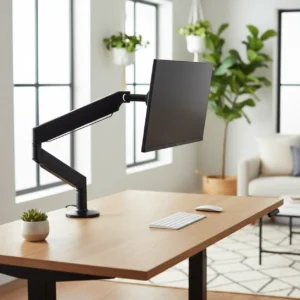 Een moderne ergonomische monitorarm gemonteerd op een houten zit-sta bureau in een stijlvolle thuiswerkplek.