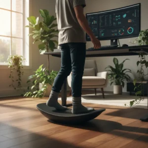 Een persoon werkt op sokken aan een sta-bureau terwijl hij balanceert op een Uplift E7 motion board in een modern thuiskantoor.