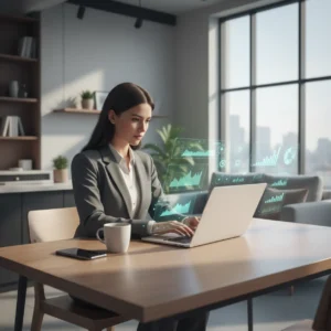 Een thuiswerkende verkoopprofessional analyseert data via revenue intelligence software op een laptop.