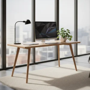 Een strakke Alienware oled monitor op een opgeruimd bureau in een moderne thuiswerkplek.